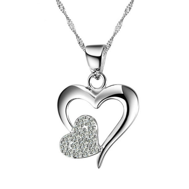 Shavanpark Women Temperament Silver Heart Pendant Necklace Heart Shape Love Rhinestone Necklace Jewelry Clavicle Chain Dreamy Accessories Wonderful Gift for Women
